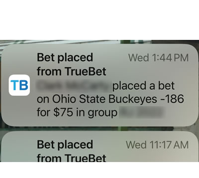 TrueBet Notification shows bet placed